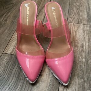 BCBGeneration Pink Pointed Toe Mule with Clear Strap and Rhinestone Trim
